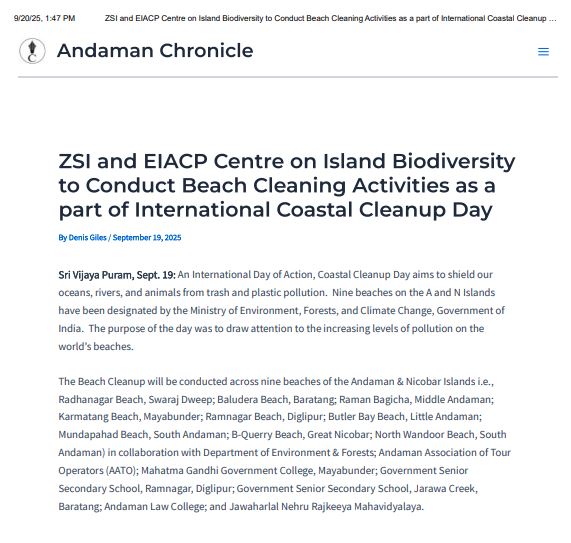 ZSI and EIACP Centre on Island Biodiversity to Conduct Beach Cleaning Activities as part of International Coastal Cleanup Day